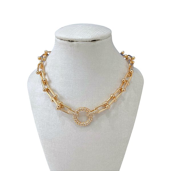 Colar Folheada Ouro 18k e Prata 925 Elos Bolinhas Cravejado Redondo
