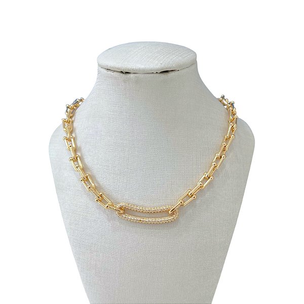 Colar Folheada Ouro 18k e Prata 925 Elos Bolinhas Cravejado Comprido Vazado