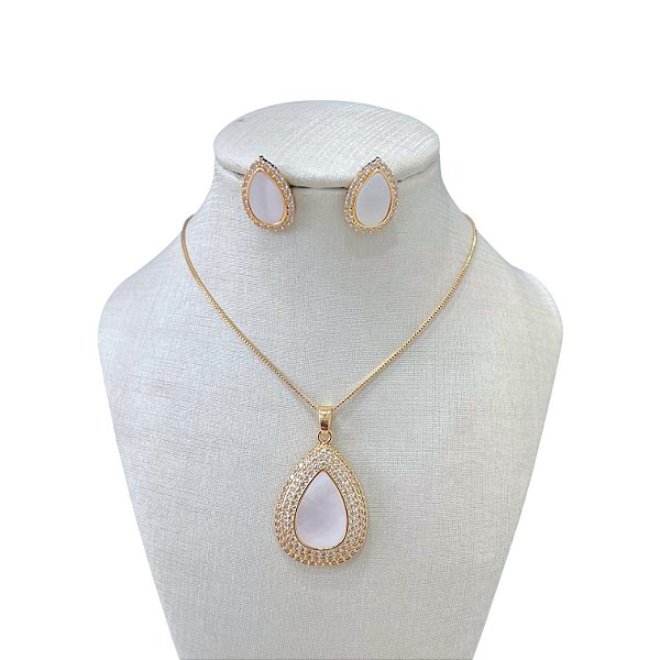 Conjunto Folheado Ouro 18k e Prata 925 Gota Madrepérola Cravejado