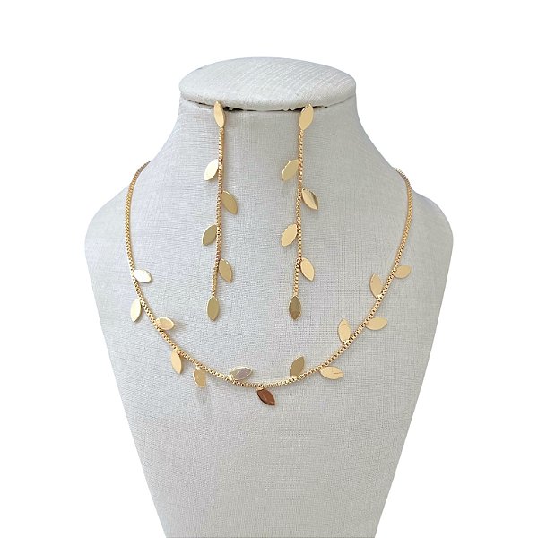 Conjunto Folheado Ouro 18k e Prata 925 Ramos de Folhas