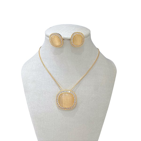 Conjunto Folheado Ouro 18k e Prata 925 Pedraria Quadrado Cravejado