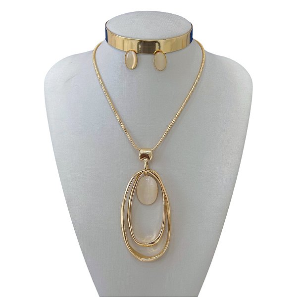 Conjunto Folheado Ouro 18k e Prata 925 Longo Pedraria Oval Malha