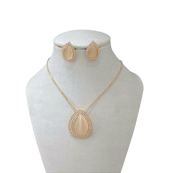 Conjunto Folheado Ouro 18k e Prata 925 Pedraria Gota Cravejada