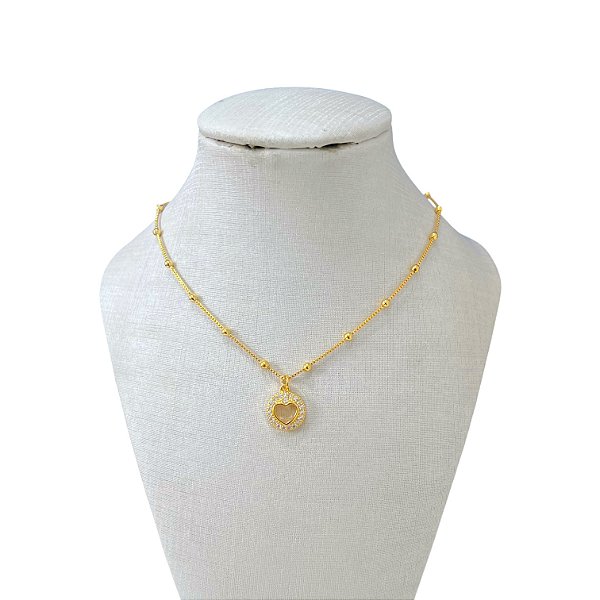 Colar Folheado Ouro 18k Bolinhas Mandala Coração Cravejado