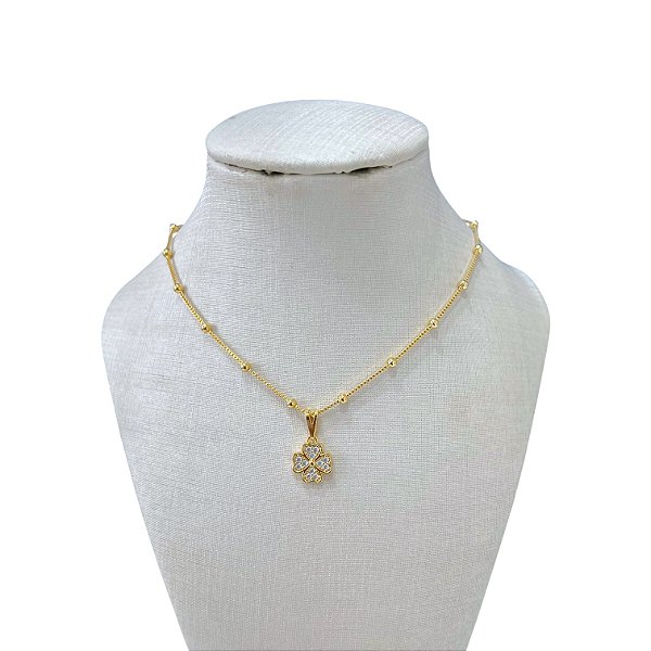 Colar Folheado Ouro 18k Bolinhas Trevo Cravejado