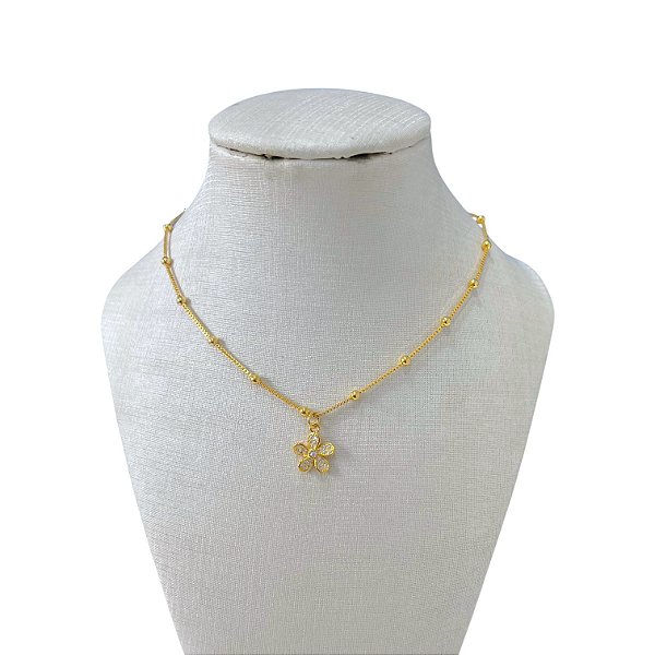 Colar Folheado Ouro 18k Bolinhas Flor Cravejada