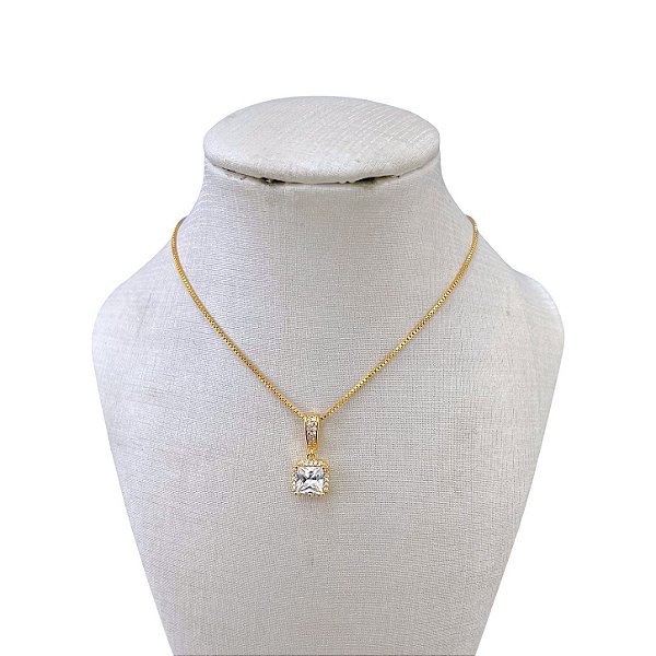 Colar Folheado Ouro 18k Quadrado Cravejado