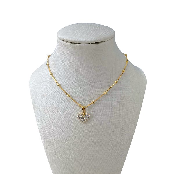 Colar Folheado Ouro 18k e Prata 925 Bolinhas Coração Cravejado