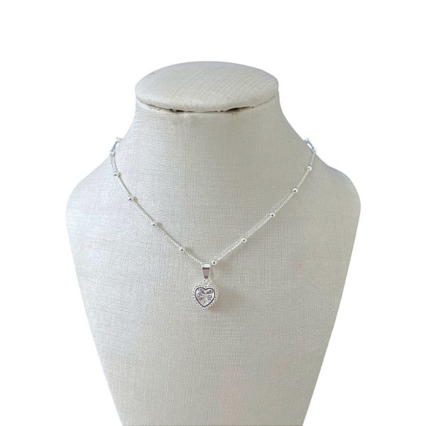 Colar Folheado Prata 925 Bolinhas Coração Cravejado