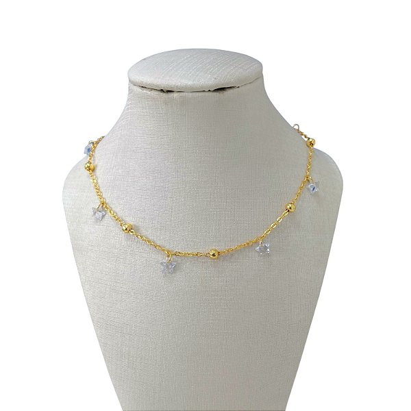 Choker Folheada Ouro 18k Bolinhas Estrelas Cristais