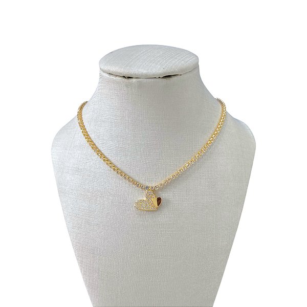 Choker Folheada Ouro 18k Riviera Coração Cravejado