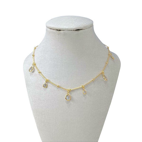 Choker Folheada Ouro 18k e Prata 925 Bolinhas Ponto de Luz Cristais