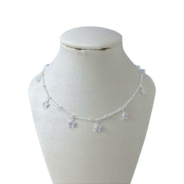 Choker Folheada Prata 925 Bolinhas Estrelas Cristais