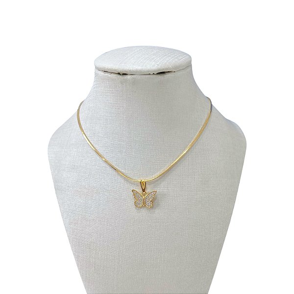 Colar Folheado Ouro 18k Laminada Borboleta Cravejada