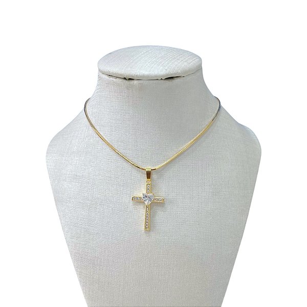 Colar Folheado Ouro 18k Laminada Cruz Cravejada