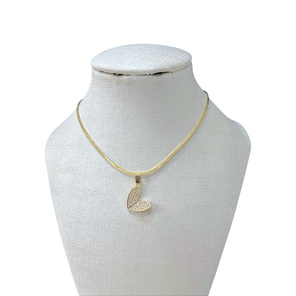 Colar Folheado Ouro 18k Laminada Coração Cravejado