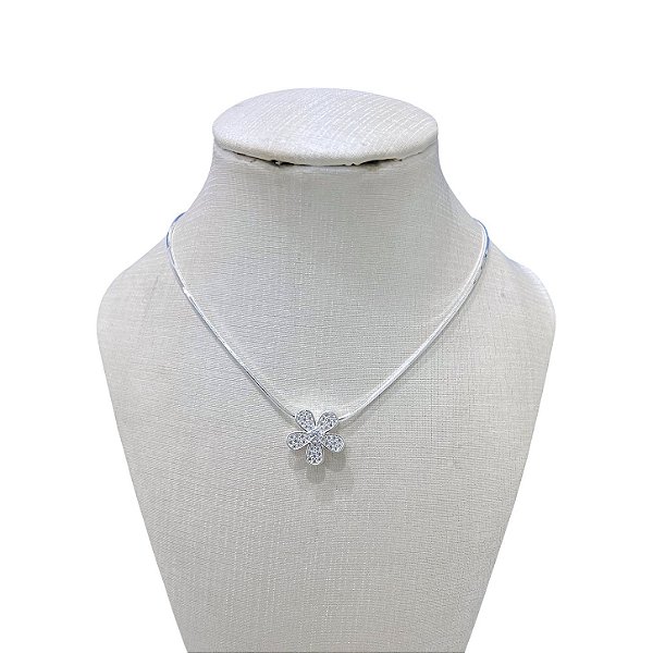 Colar Folheado Ouro 18k e Prata 925 Laminada Flor Cravejada