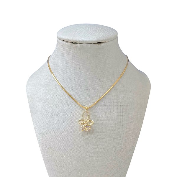 Colar Folheado Ouro 18k Laminada Borboleta Cravejada Ponto de Luz