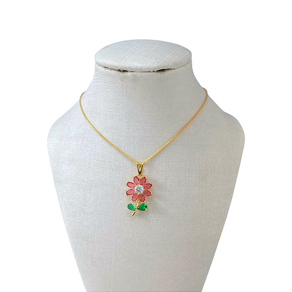 Colar Folheado Ouro 18k e Prata 925 Flor Cravejada