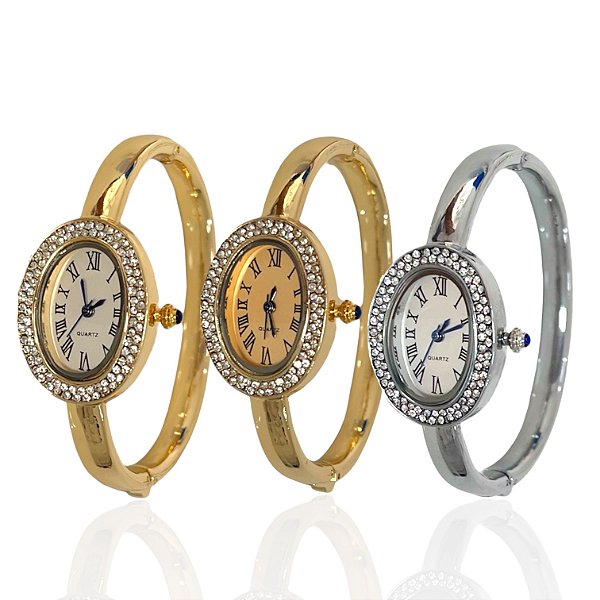 Relógio Aço Feminino Bracelete Oval Strass