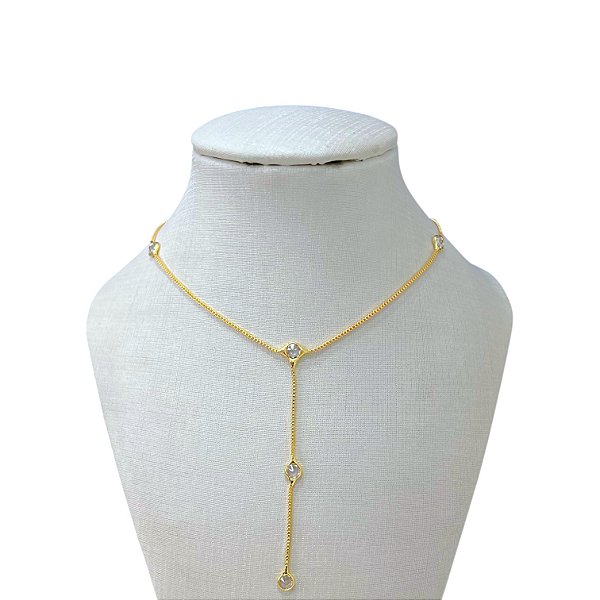 Colar Folheado Ouro 18k e Prata 925 Gravatinha Cristais