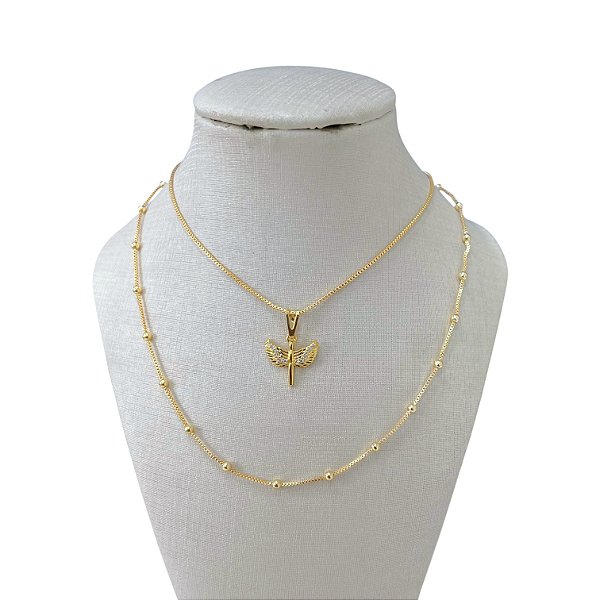 Colar Duplo Folheado Ouro 18k Bolinhas Espírito Santo Cravejado