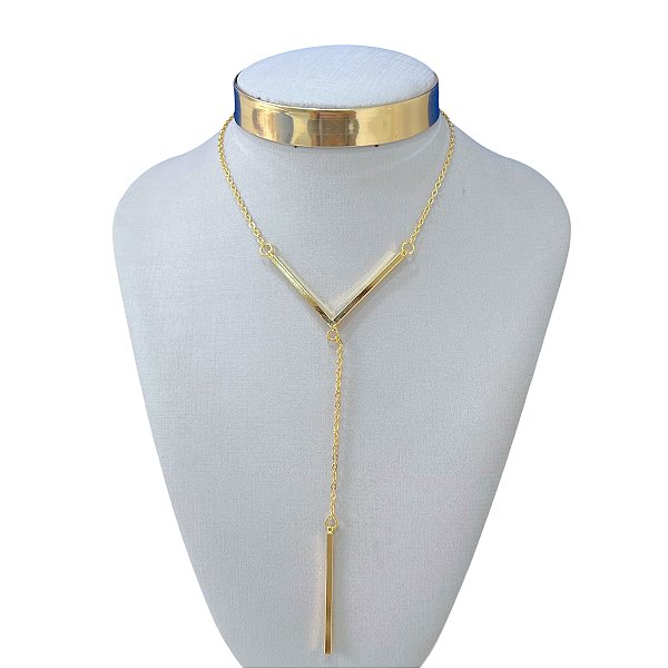 Colar Folheado Ouro 18k e Prata 925 Gravatinha V Palito