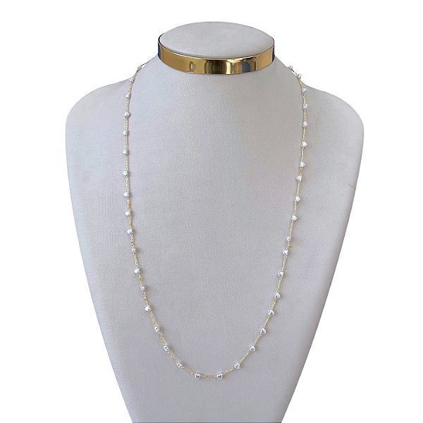 Colar Longo Folheado Ouro 18k e Prata 925 Corações Pérola