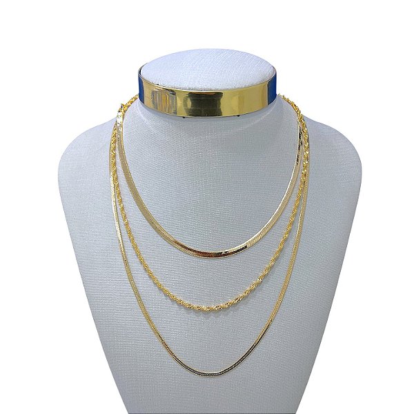 Colar Triplo Folheado Ouro 18k Fita Laminada Torcida