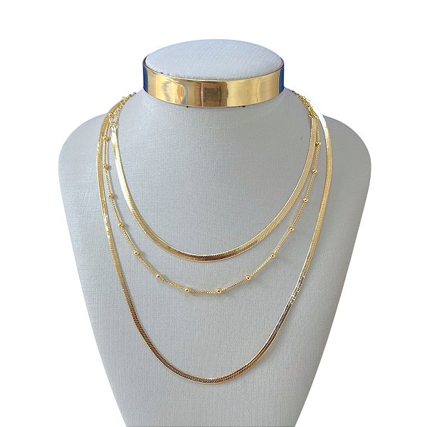 Colar Triplo Folheado Ouro 18k Fita Laminada Bolinhas