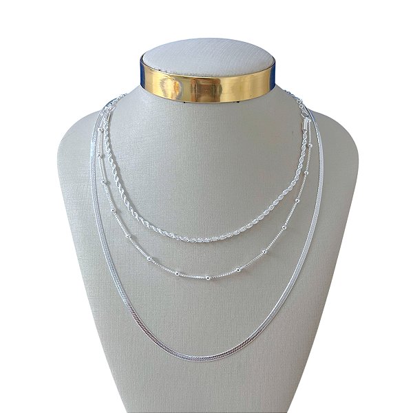 Colar Triplo Folheado Prata 925 Fita Laminada Bolinhas Cordão Baiano