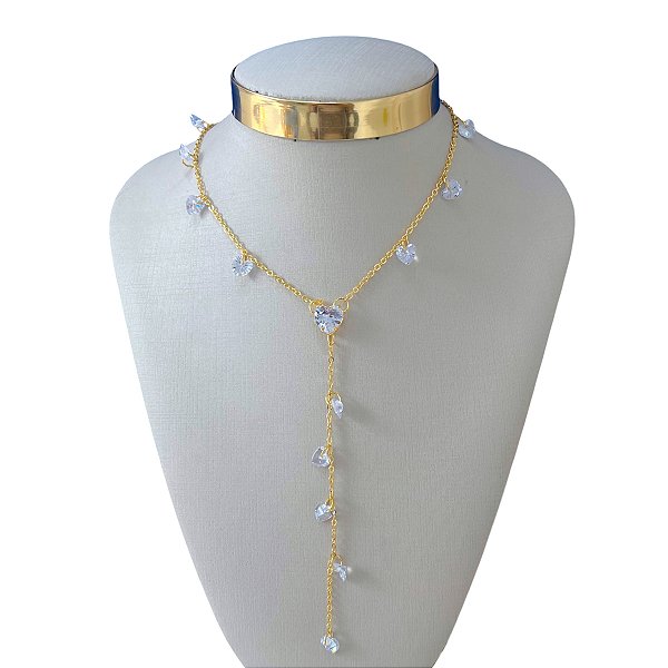 Colar Folheado Ouro 18k Gravatinha Ponto de Luz coração