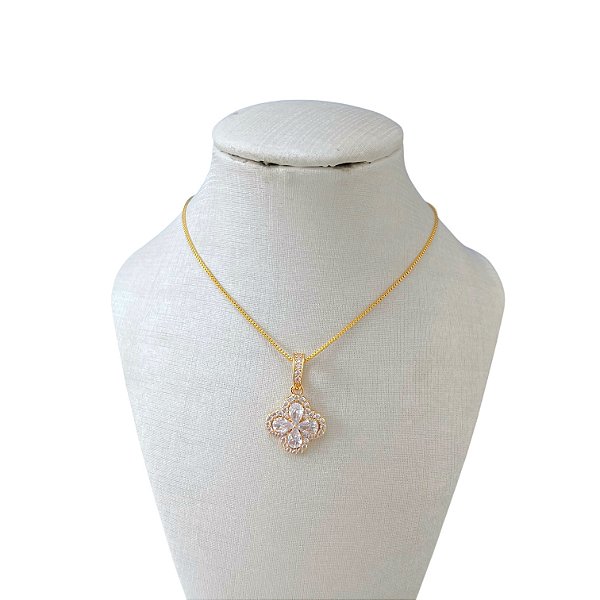Colar Folheado Ouro 18k e Prata 925 Trevo Cravejado