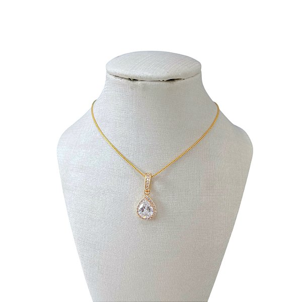 Colar Folheado Ouro 18k e Prata 925 Gota Cravejado