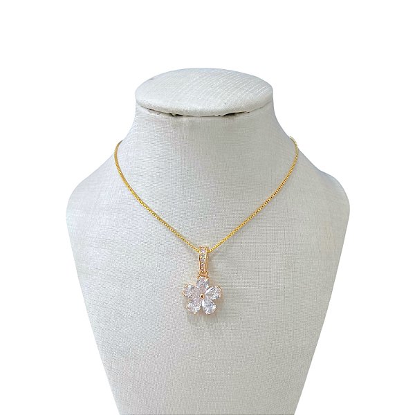 Colar Folheado Ouro 18k e Prata 925 Flor Cravejada