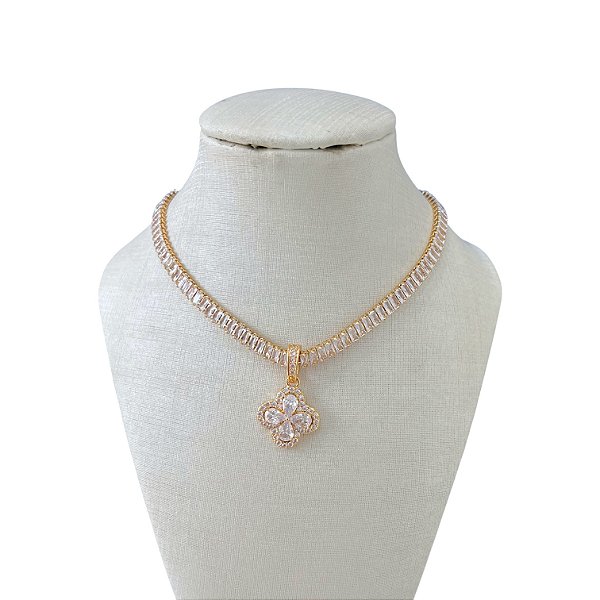 Colar Folheado Ouro 18k e Prata 925 Riviera Trevo Cravejado