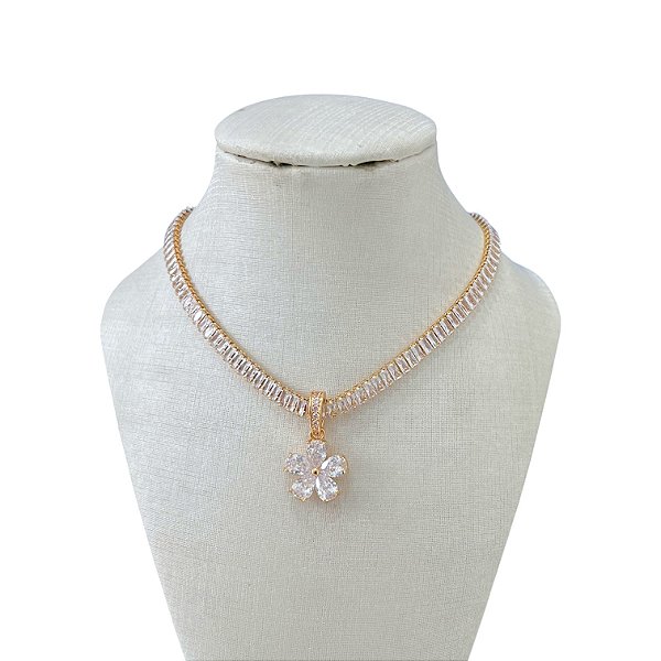 Colar Folheado Ouro 18k e Prata 925 Riviera Flor Cravejada