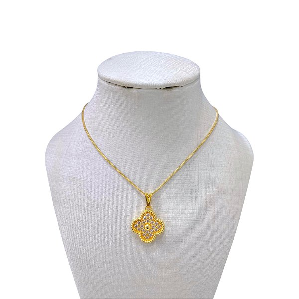 Colar Folheado Ouro 18k Trevo Inspired Cravejado