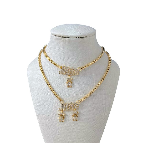 Colar Folheado Ouro 18k Correntaria Canga Mãe Filhos Cravejados