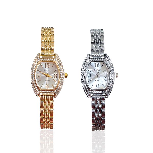 Relógio Aço Feminino Quadrado Strass