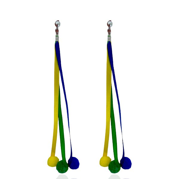 Brinco Franja Fitas Cetim Pompom Brasil