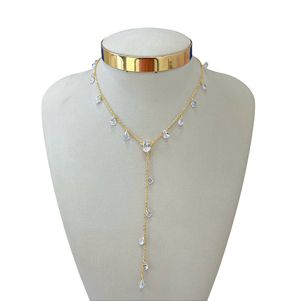 Colar Folheado Ouro 18k Gravatinha Ponto de Luz Gotas
