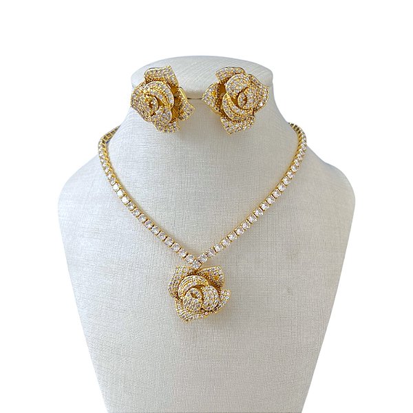 Conjunto Folheado Ouro 18k e Prata 925 Riviera Flor Cravejada