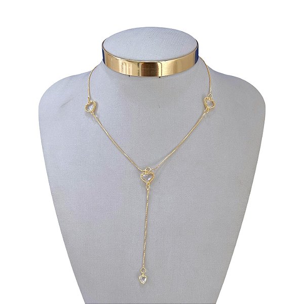 Colar Folheado Ouro 18k e Prata 925 Corações Cristais Gravatinha