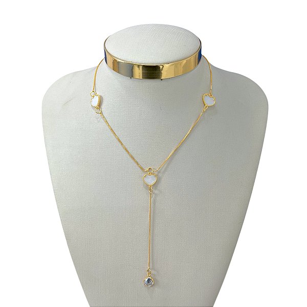 Colar Folheado Ouro 18k e Prata 925 Corações Cristais Gravatinha