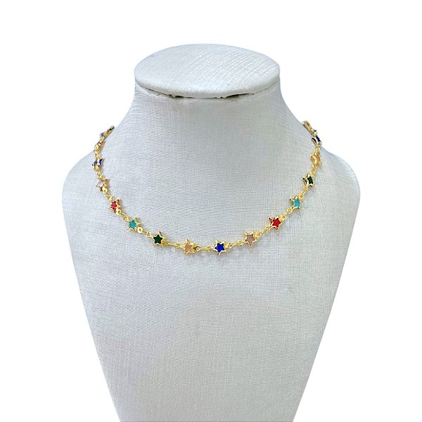 Choker Folheada Ouro 18k e Prata 925 Estrelas Cristais