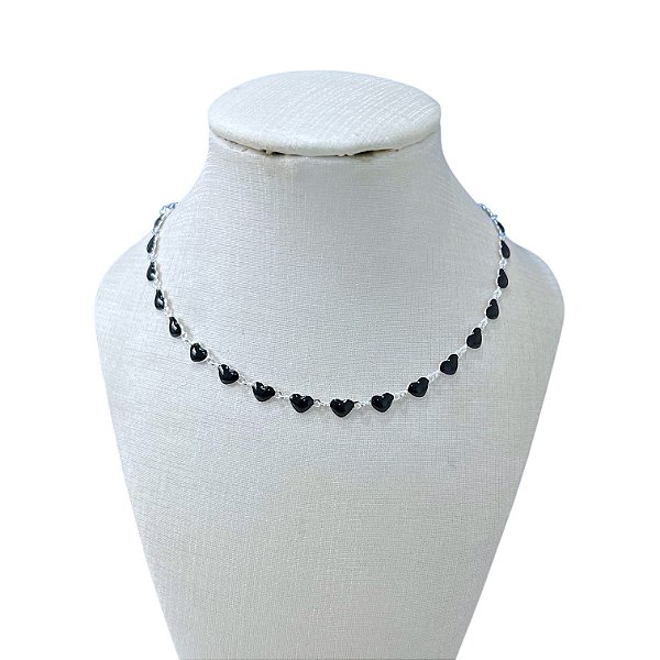 Choker Folheada Prata 925 Corações Resinado