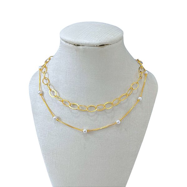 Choker Dupla Folheada Ouro 18k Bolinhas Pérola Elos