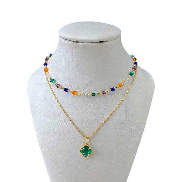 Choker Dupla Folheada Ouro 18k Cristais Trevo