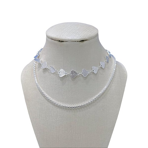 Choker Dupla Folheada Ouro 18k e Prata 925 Riviera Corações Trabalhado